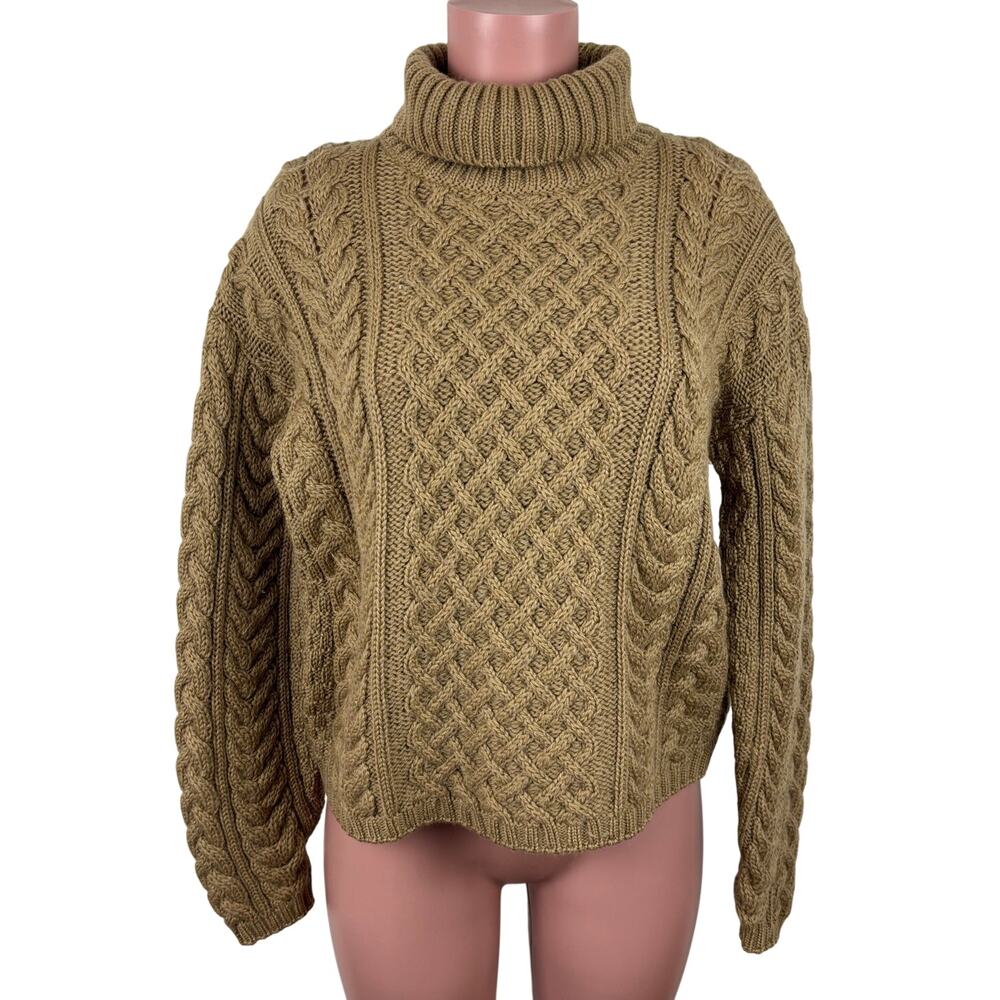 Callan Country Collection Ireland Wool Sweater Turtleneck Cable Knit Brown Small